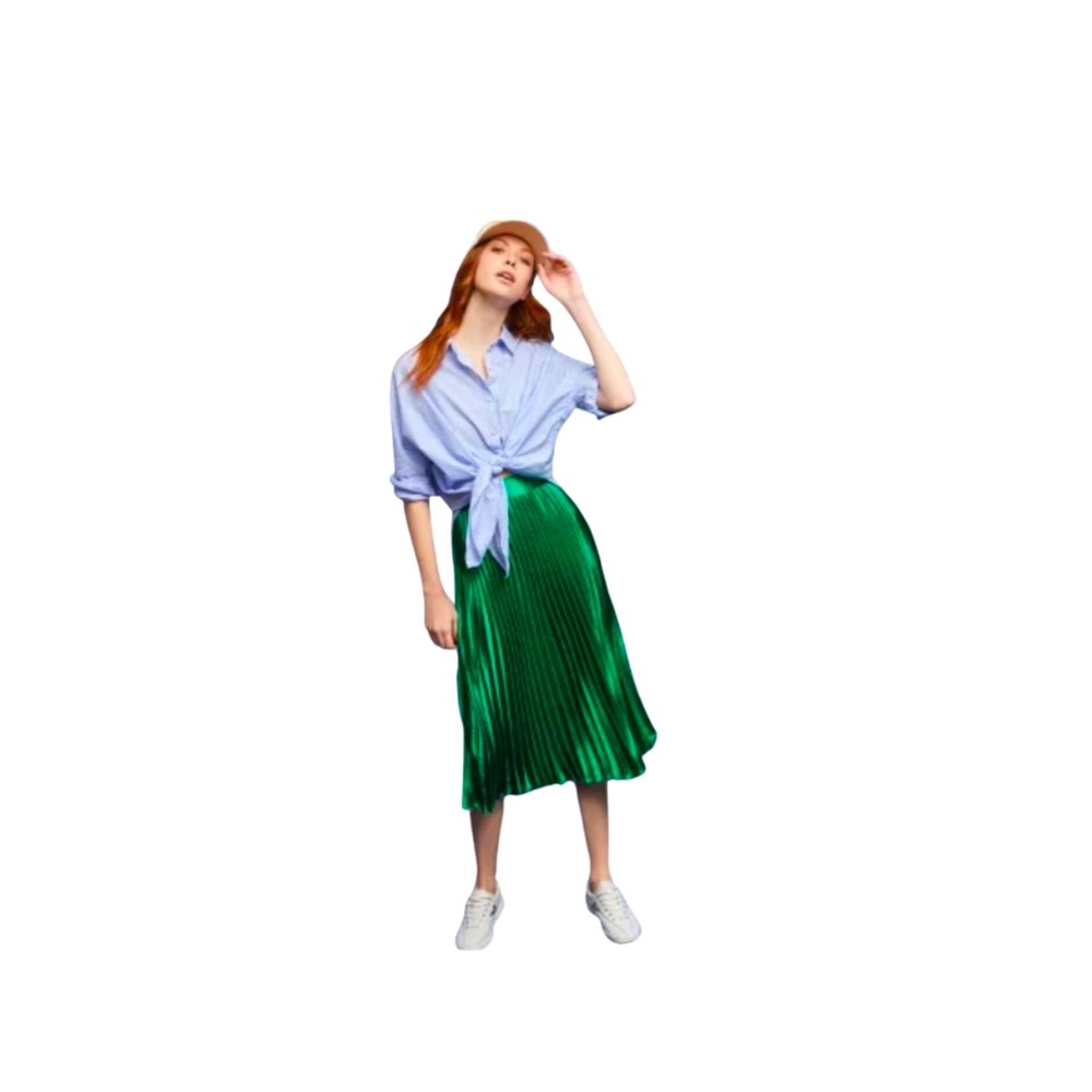 Anthropologie Green Metallic Pleated Midi Skirt (Brand: Seen Worn Kept), Size 12